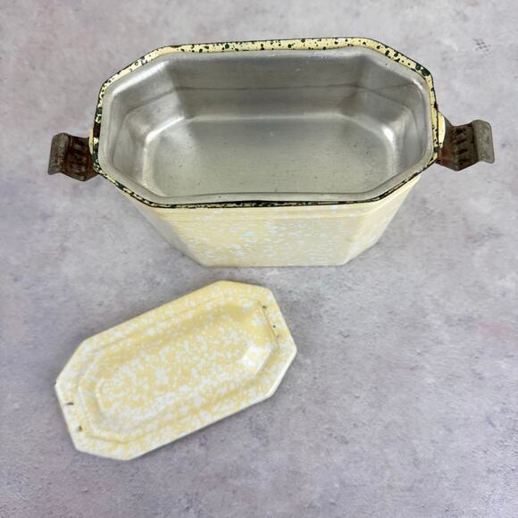 Vintage French Enamel Lunch Box Pail Kitchen Decor Graniteware Enamelware Yellow - Picture 9 of 13